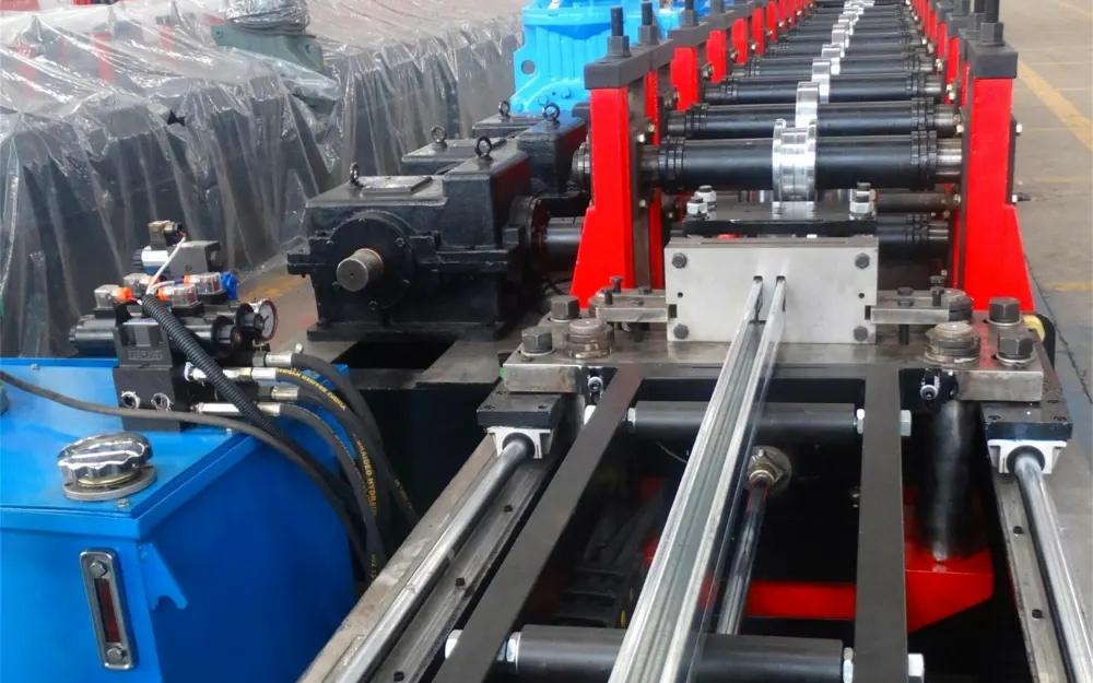Forming stations of a strut channel line with the channel leaving the last roll stand