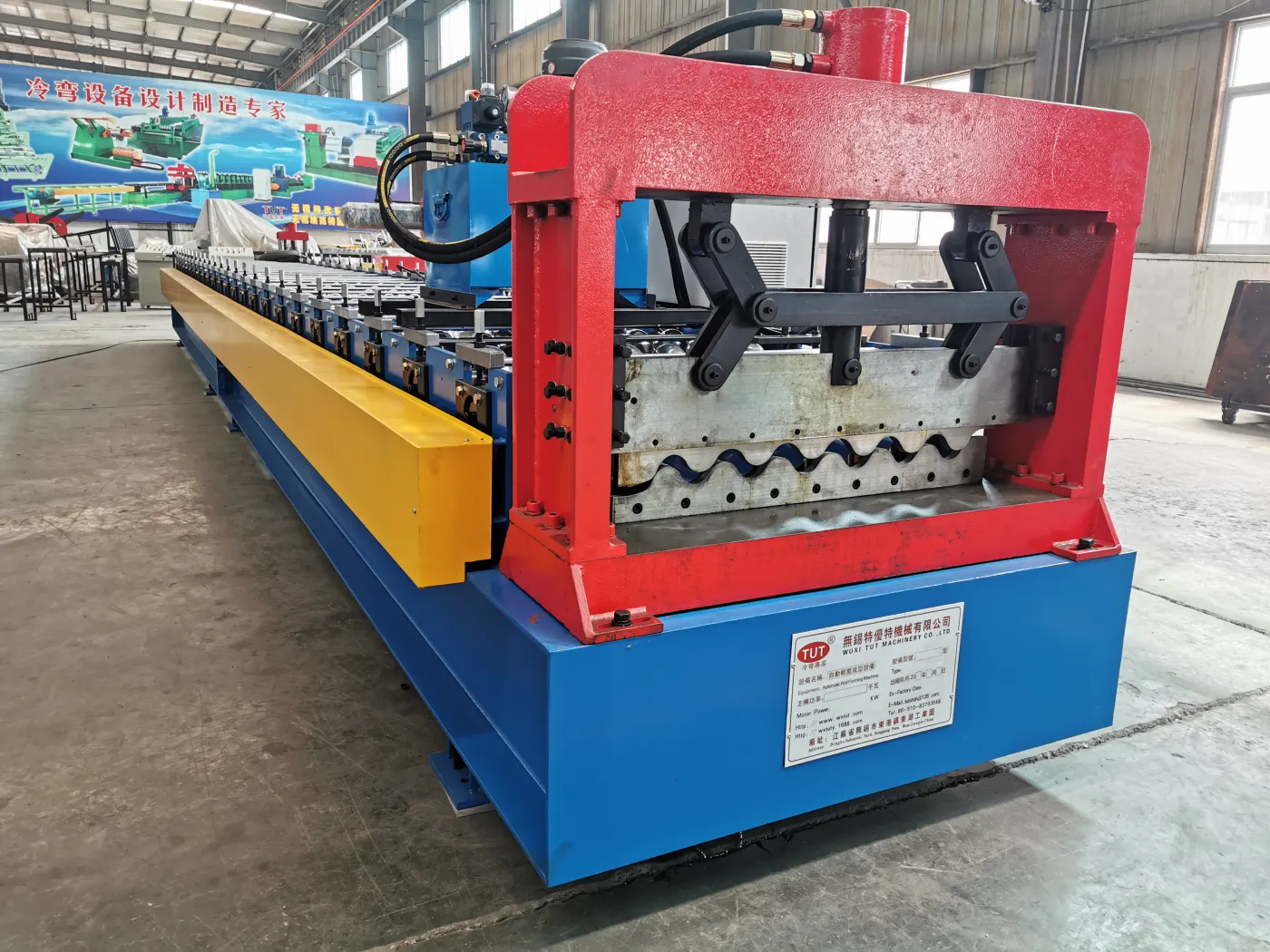 Corrugated roof sheet roll forming machine in final assembly at the TUT workshop in Wuxi, China